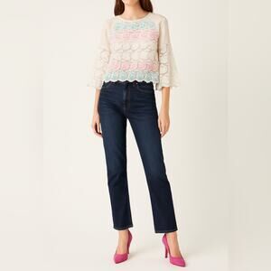 MAJE Sheer Silk Floral Embroidered Top | Size 3 | White | Romantic Cottagecore